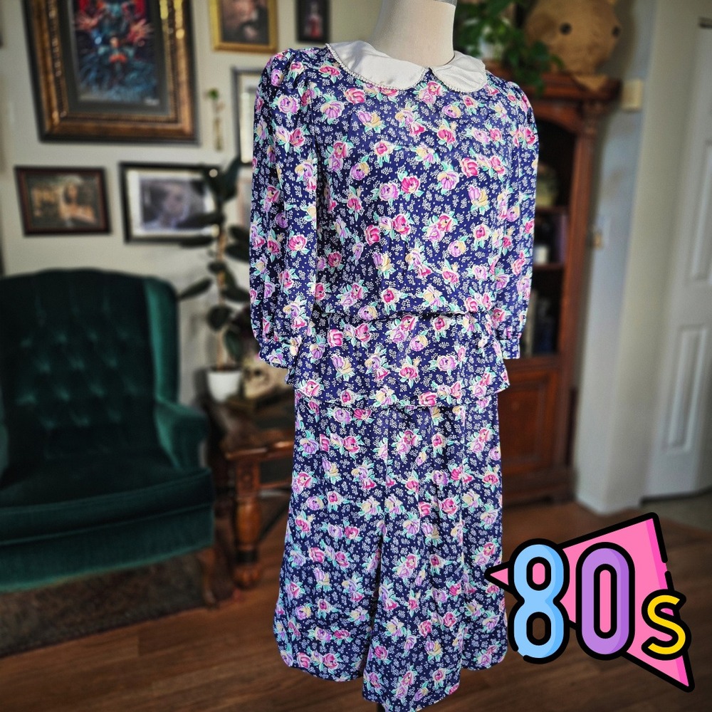 Robert Robert Skirt Set Vintage 80s Floral Navy Blue Peter Pan Collar 2 Piece S